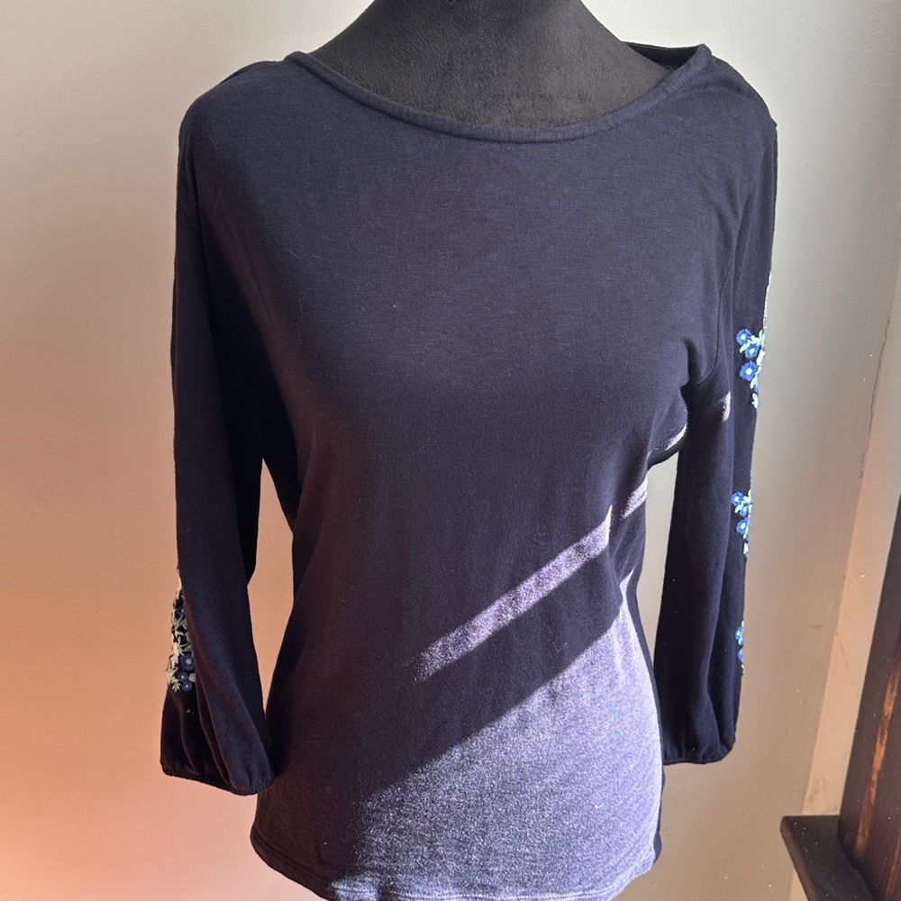 Talbots Dark Blue Long Sleeve Top with Embellished Sleeves